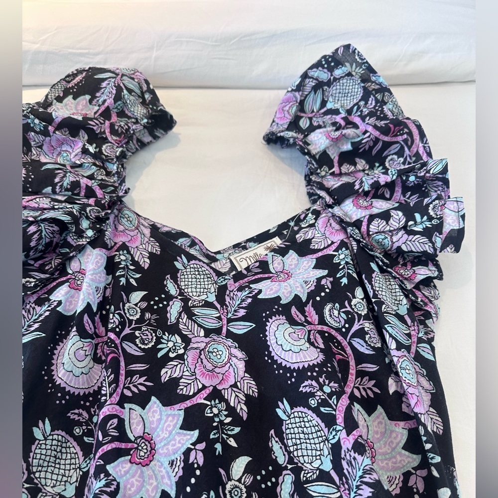 Mille resort & travel Clara cotton ruffle midi dress in tropical night. Size S - Picture 3 of 8